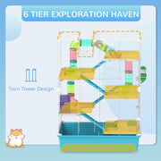 Illustration of the twin-tower 6-tier design with a cartoon hamster