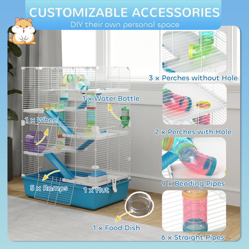Labelled accessories included: wheel, water bottle, ramps, hut, food dish and pipes