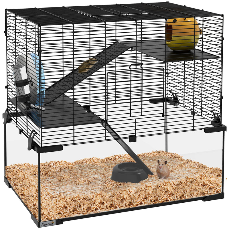 Pawhut 60cm hamster cage with wire top, glass base and hamster on wood-chip bedding