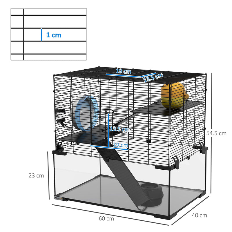Dimensions diagram showing the hamster cage at 60L x 40W x 54.5H cm with a 23cm glass base