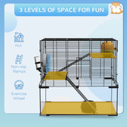 Feature panel showing the cage's 3 levels, hut, non-slip ramp and exercise wheel