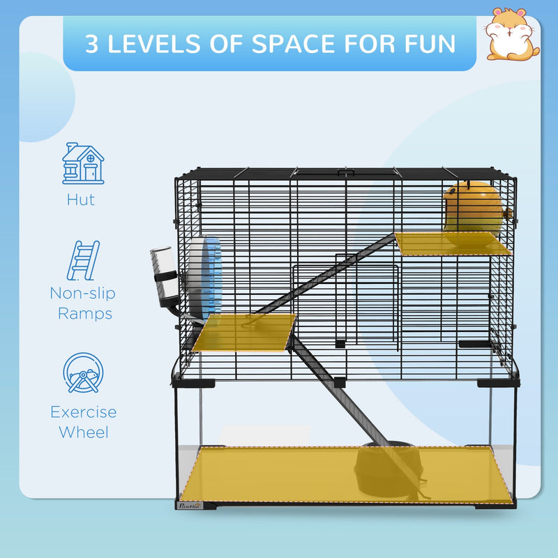 Feature panel showing the cage's 3 levels, hut, non-slip ramp and exercise wheel