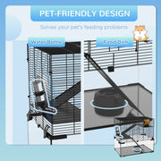 Feature panel showing the water bottle and food dish positions inside the cage