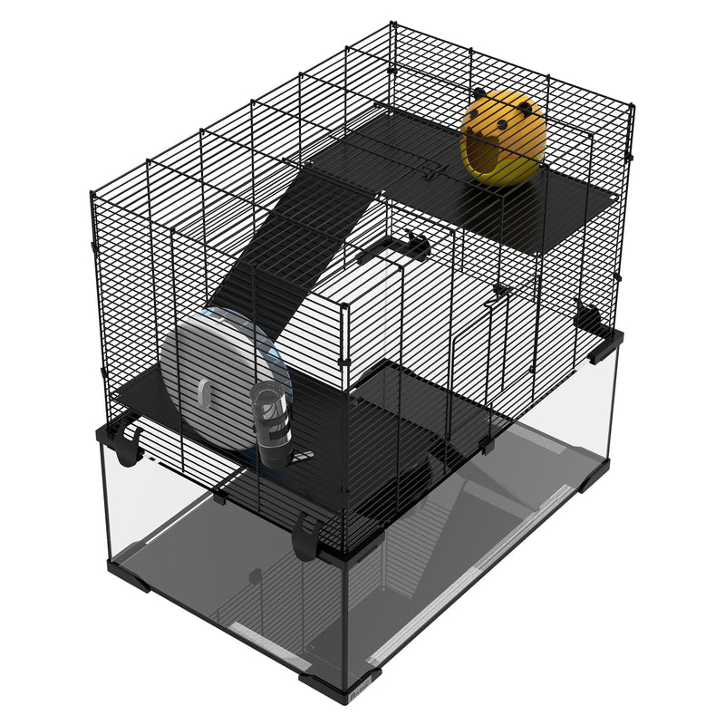 3D render of the hamster cage frame showing the ramp and platform layout