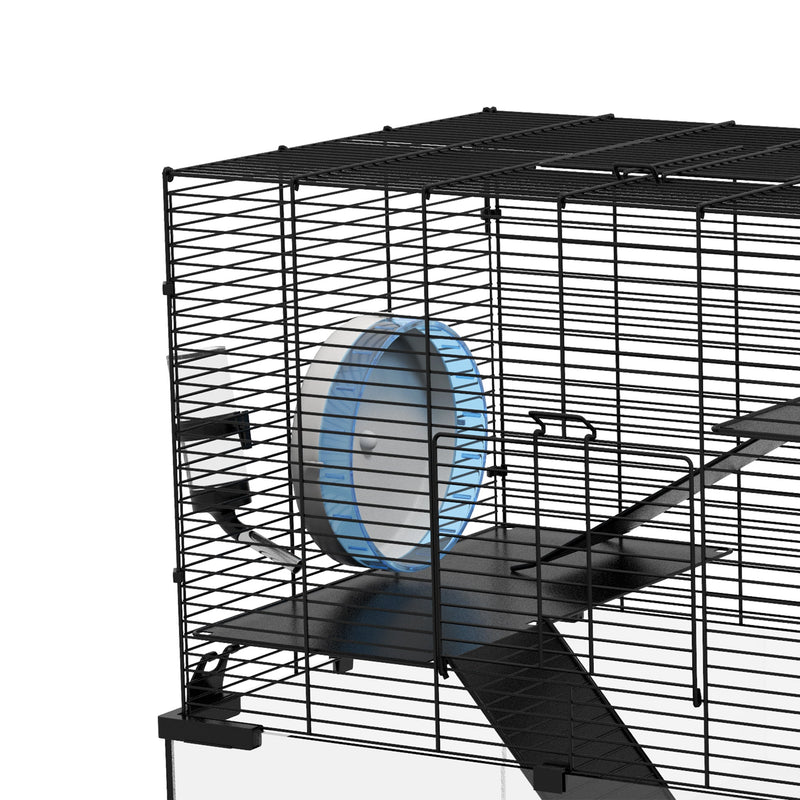 Close-up of the exercise wheel fitted inside the cage