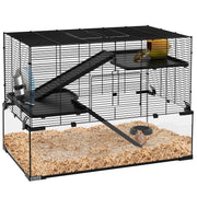 Pawhut 76.5cm hamster cage with wire top, glass base and hamster on wood-chip bedding
