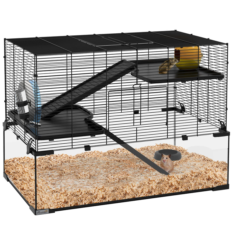 Pawhut 76.5cm hamster cage with wire top, glass base and hamster on wood-chip bedding