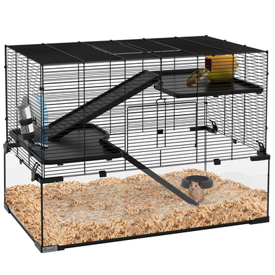 Pawhut 76.5cm hamster cage with wire top, glass base and hamster on wood-chip bedding