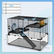 Dimensions diagram showing the hamster cage at 76.5L x 48.5W x 54.5H cm with a 20.5cm glass base