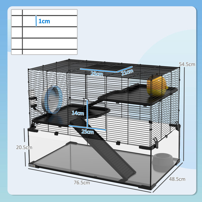 Dimensions diagram showing the hamster cage at 76.5L x 48.5W x 54.5H cm with a 20.5cm glass base