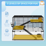 Feature panel showing the cage's 3 levels, hut, ramp and exercise wheel