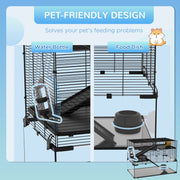 Feature panel showing the water bottle and food dish positions inside the cage