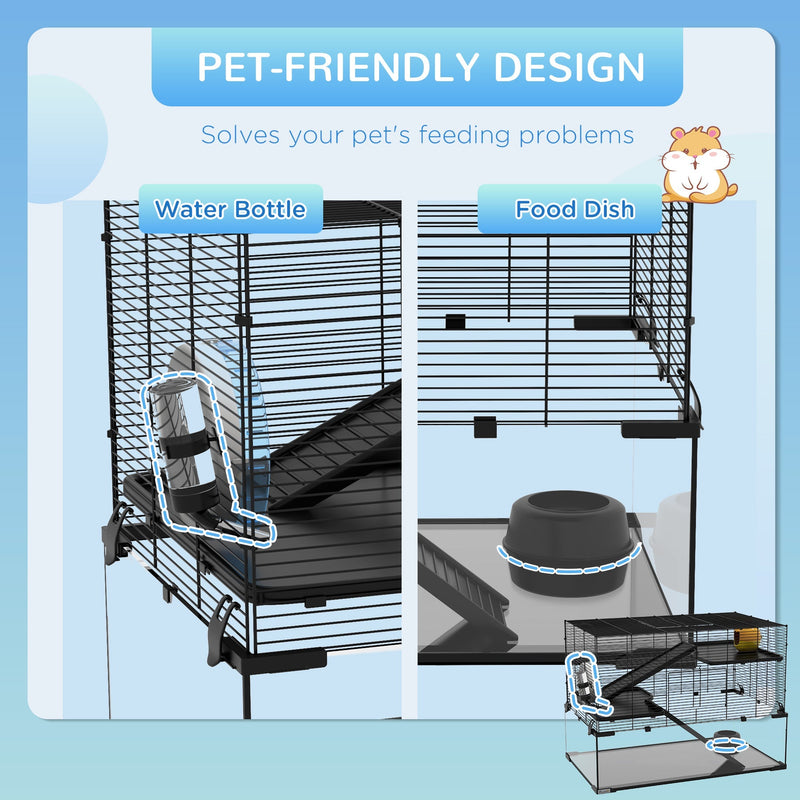 Feature panel showing the water bottle and food dish positions inside the cage