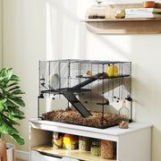 3D render of the hamster cage frame showing the ramp and platform layout