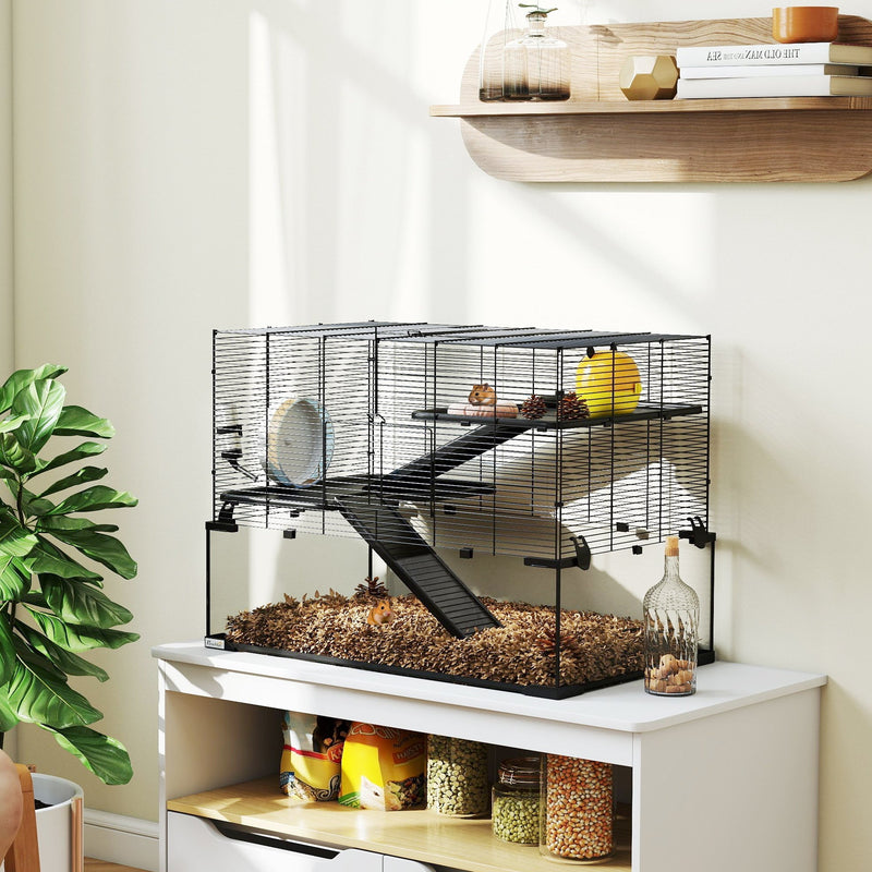 3D render of the hamster cage frame showing the ramp and platform layout
