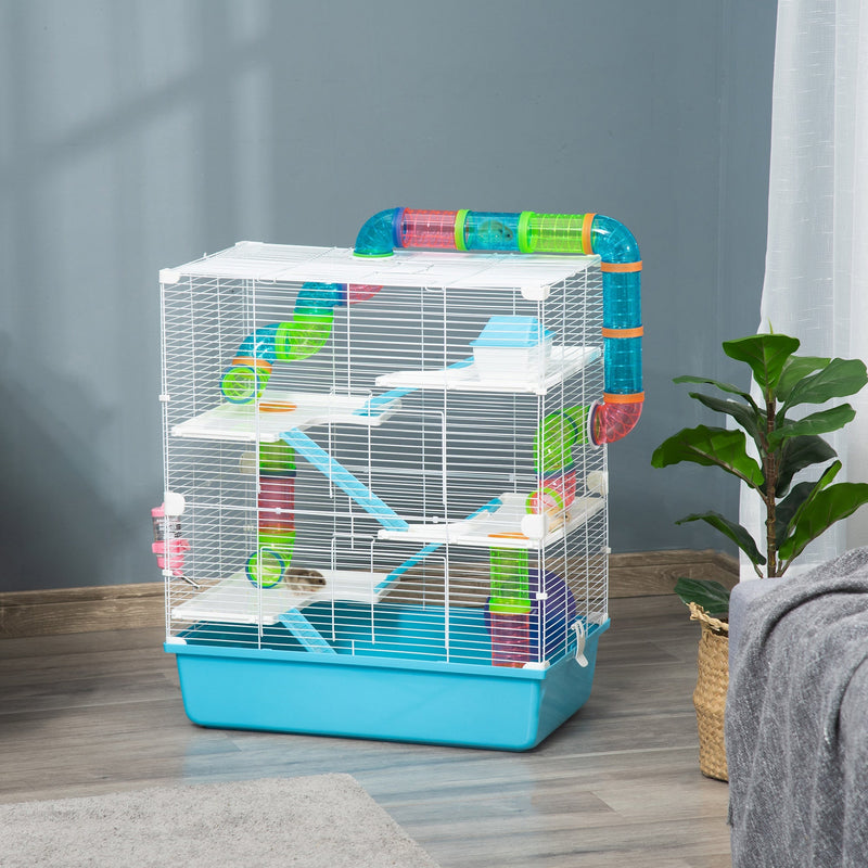 Light blue hamster cage styled in a room setting
