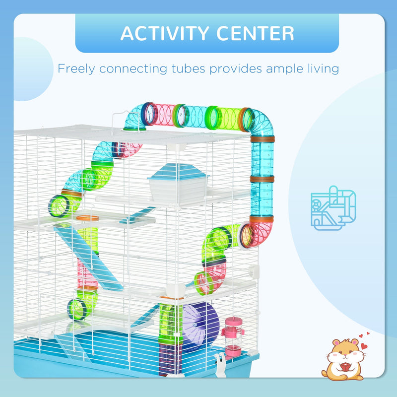 Feature panel showing the light blue hamster cage construction