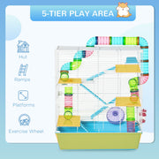 Feature panel showing a 5-tier hamster play area with coloured tubes and platforms