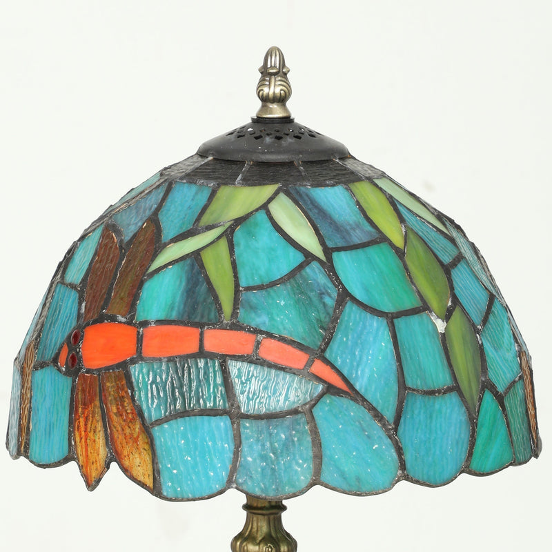 Close-up of the dragonfly stained glass shade