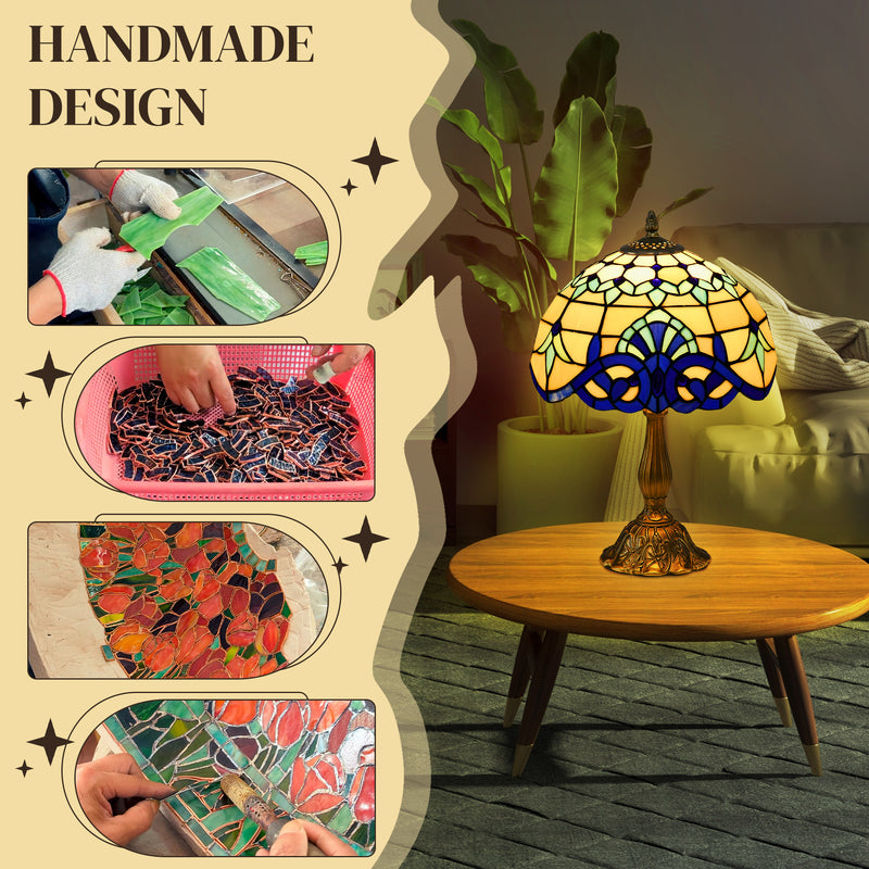 Handmade design panel showing glass pieces being cut and assembled by hand