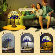 Couple relaxing on a sofa beside the lit lamp, with no light, white light and warm light comparison