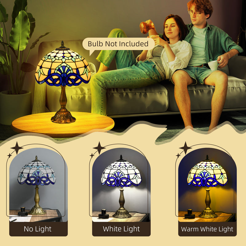 Couple relaxing on a sofa beside the lit lamp, with no light, white light and warm light comparison