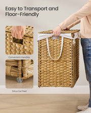 Close-ups of the woven side handle and the clear silica gel foot, with the basket being carried