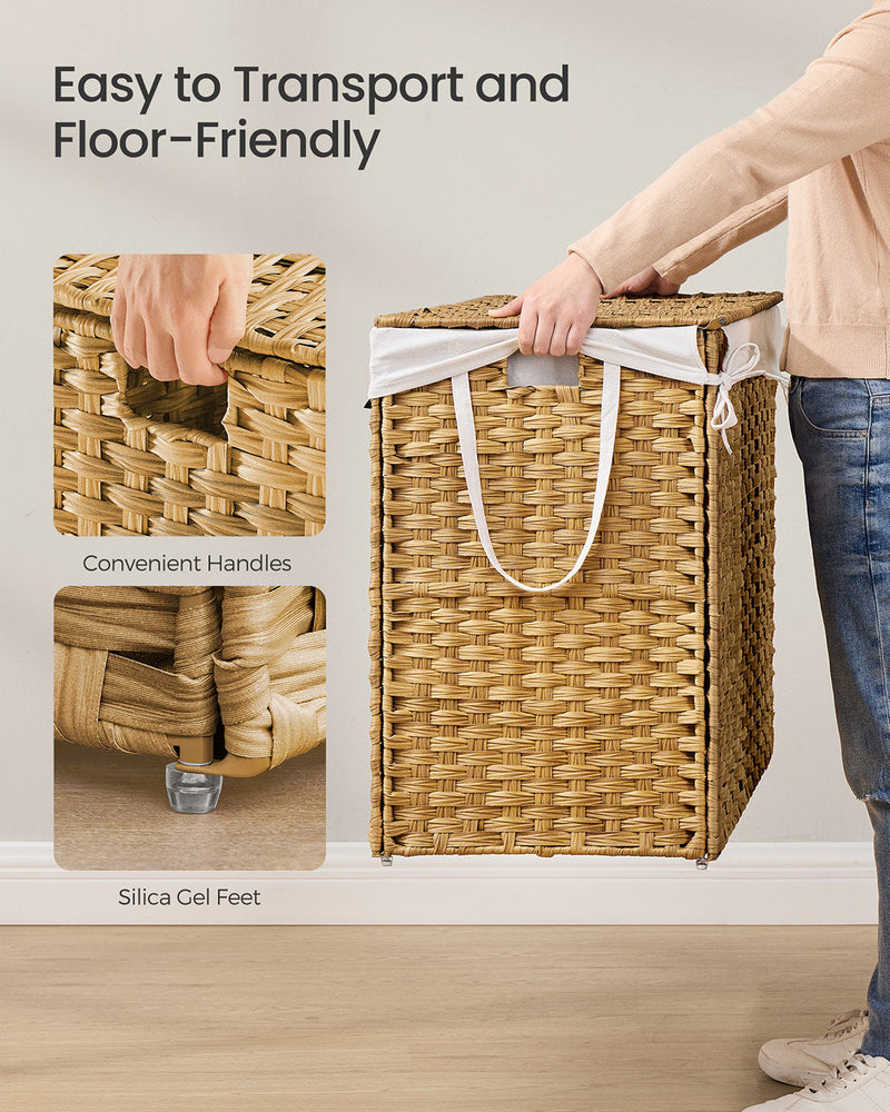 Close-ups of the woven side handle and the clear silica gel foot, with the basket being carried