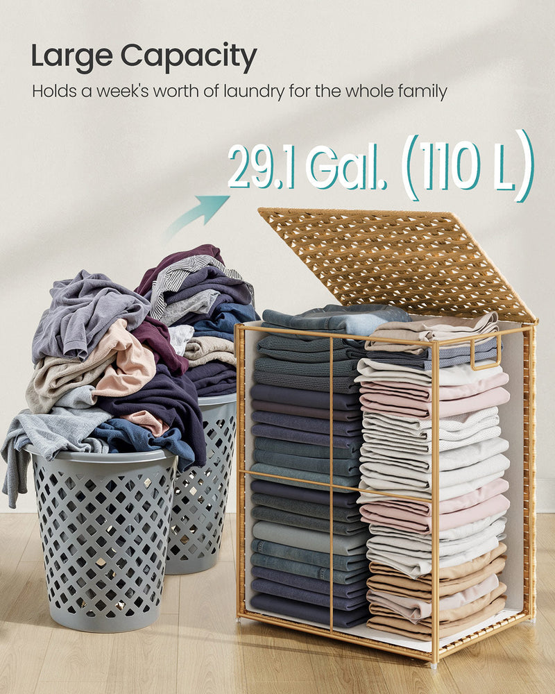 Capacity comparison showing 110 litres of folded laundry beside two overflowing plastic bins