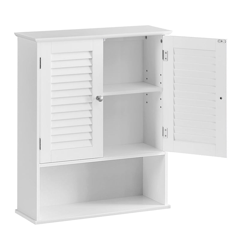 White Vasagle wall cabinet with one shutter door open showing the inner shelf