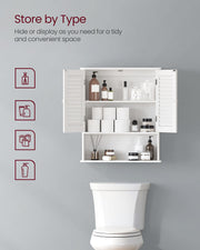 Wall cabinet above a toilet with icons showing what to store in each section