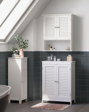 White shutter door wall cabinet fitted on a sloped ceiling bathroom wall