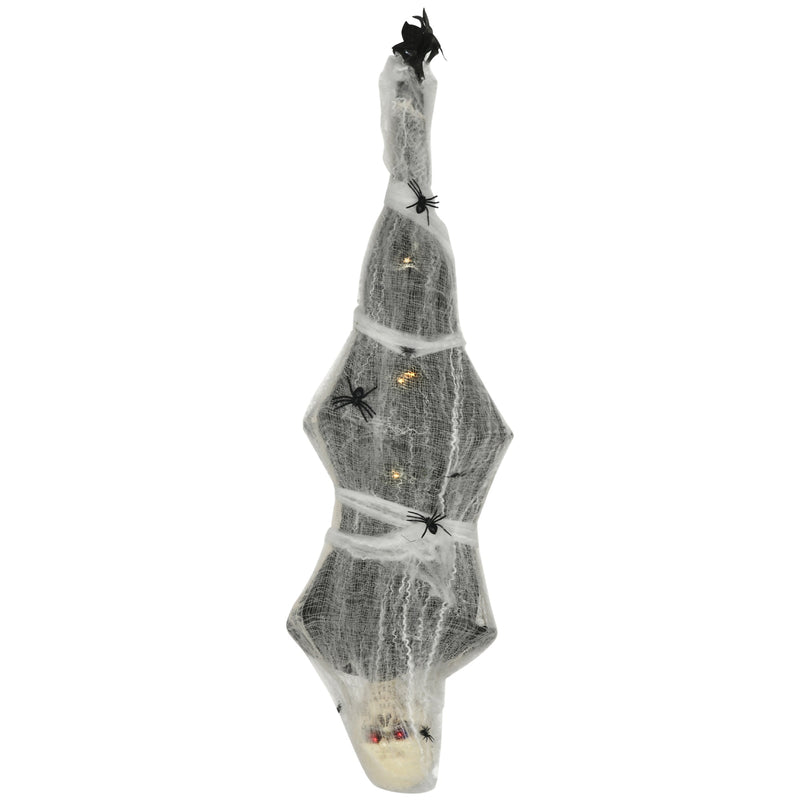 Hanging Halloween cocoon corpse wrapped in white webbing with fake spiders on a white background