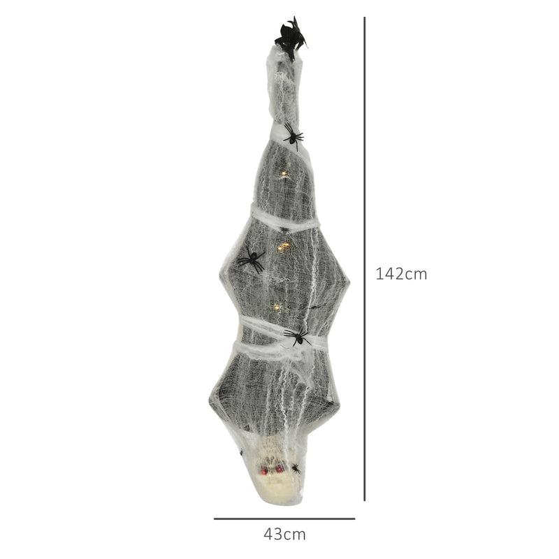 Dimensions diagram showing the hanging cocoon corpse at 142 cm long and 43 cm across