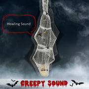 Cocoon corpse prop in mist with a howling sound speech bubble