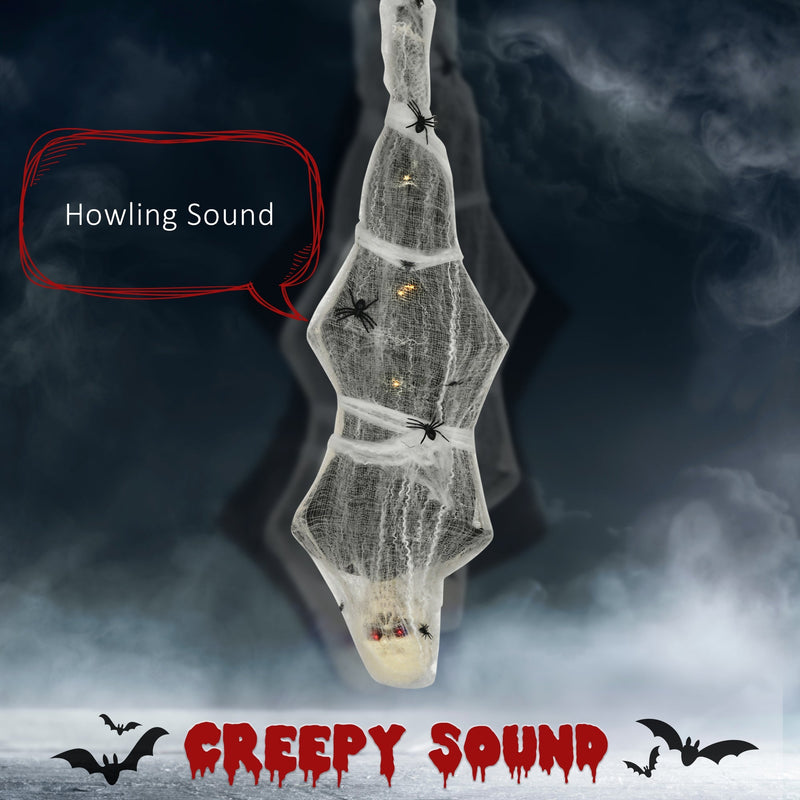 Cocoon corpse prop in mist with a howling sound speech bubble