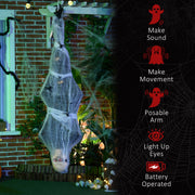 Cocoon corpse prop hanging on a porch beside a list of sound, movement, posable arm and light features