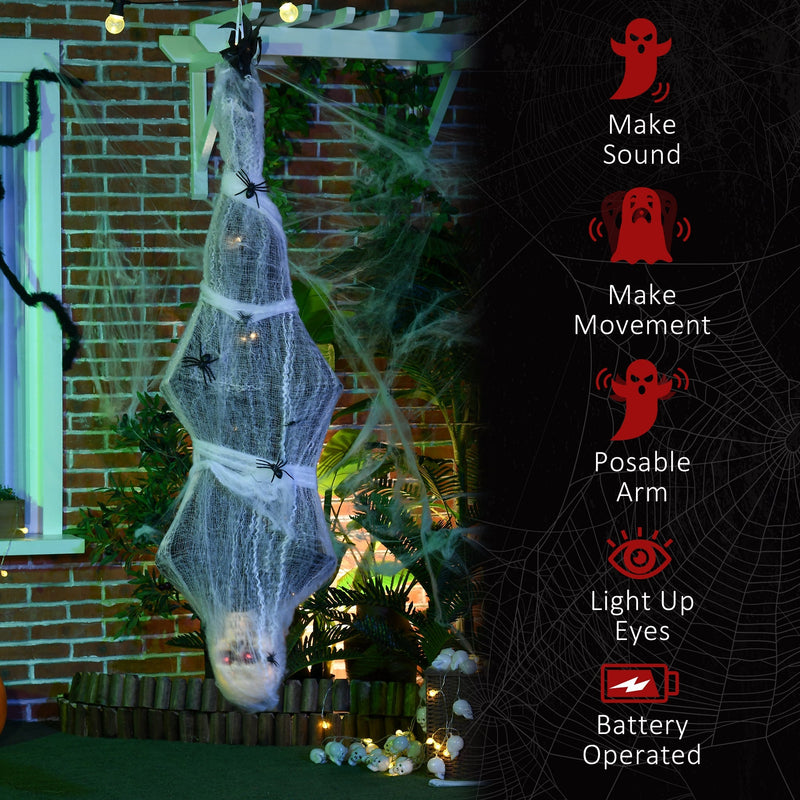 Cocoon corpse prop hanging on a porch beside a list of sound, movement, posable arm and light features