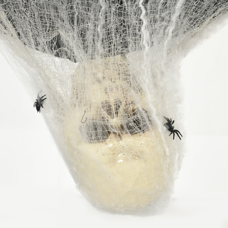 Close-up of the skull face wrapped in webbing with two plastic spiders beside it