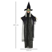 Dimensions diagram showing the hanging witch decoration at 183 cm tall and 130 cm across