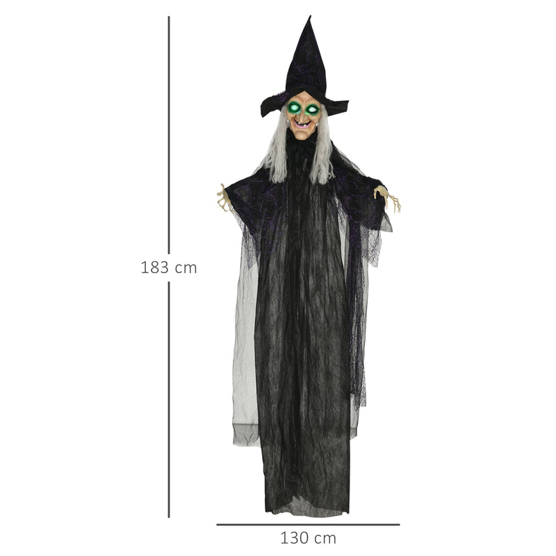 Dimensions diagram showing the hanging witch decoration at 183 cm tall and 130 cm across