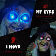 Close-up of the witch's face with blue and pink glowing eyes in the dark