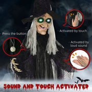 Hanging witch decoration showing the press button, touch and loud sound activation options