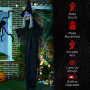 Hanging witch decoration on a brick porch beside a list of sound, movement, posable arm and light features