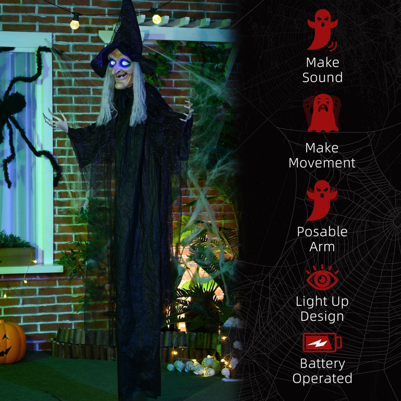 Hanging witch decoration on a brick porch beside a list of sound, movement, posable arm and light features