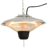 Hanging halogen heater with pull cord shown glowing on a chain against a white background