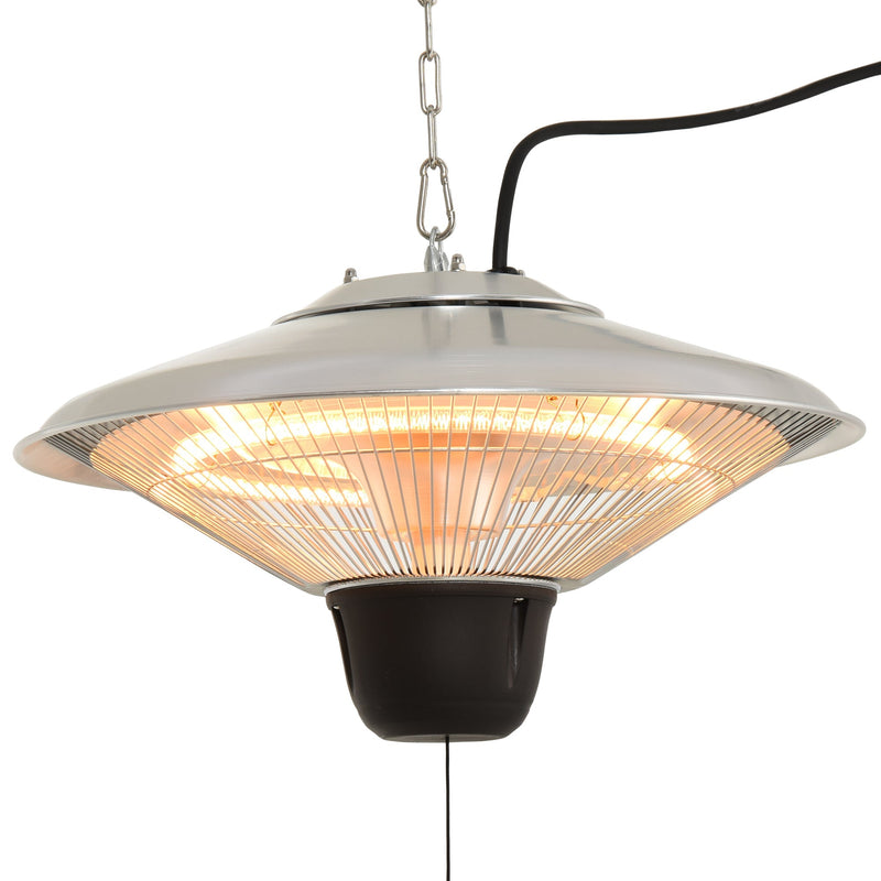 Hanging halogen heater with pull cord shown glowing on a chain against a white background