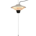 Silver 1500W hanging halogen heater with a black base and pull cord on a white background