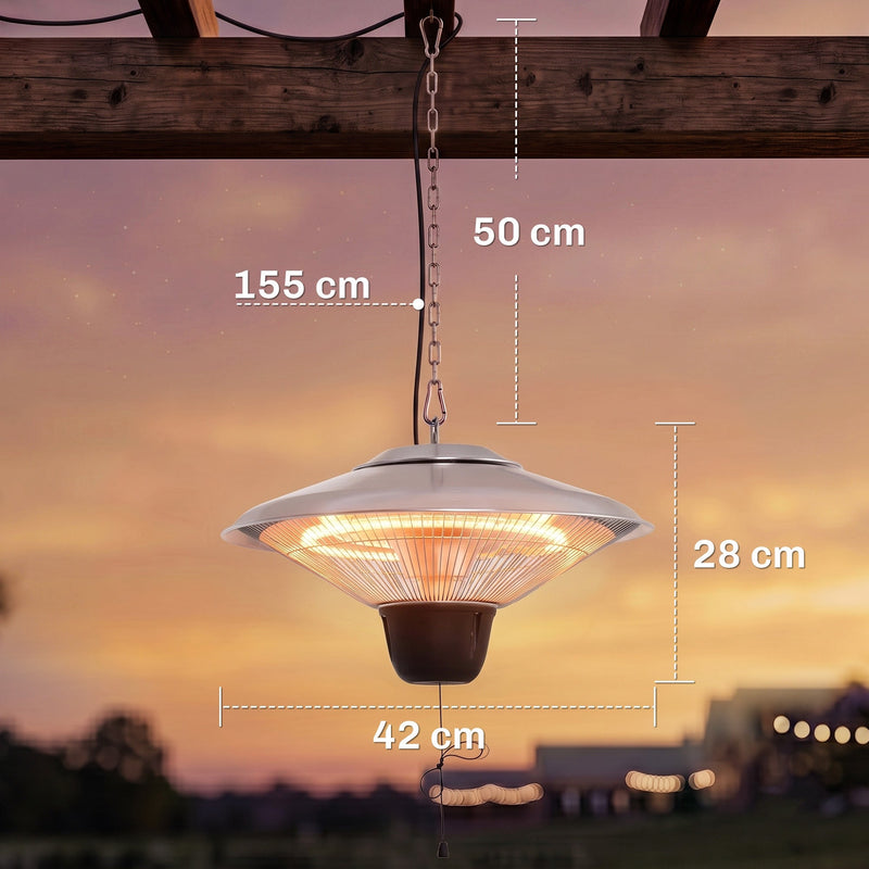 Dimensions diagram showing the heater at 42 cm wide and 28 cm high with a 50 cm chain and 155 cm cord