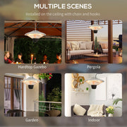 Multiple scenes panel showing the heater hung in a hardtop gazebo, a pergola, a garden and indoors